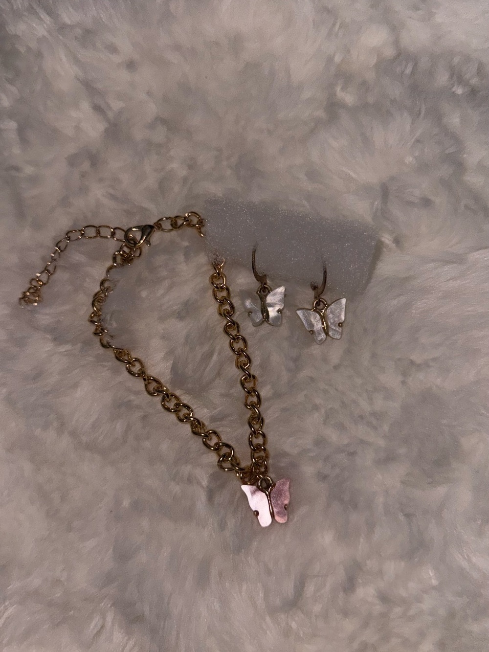 Gold-Tone Butterfly Necklace & Earring Set - Pink/White Butterflies